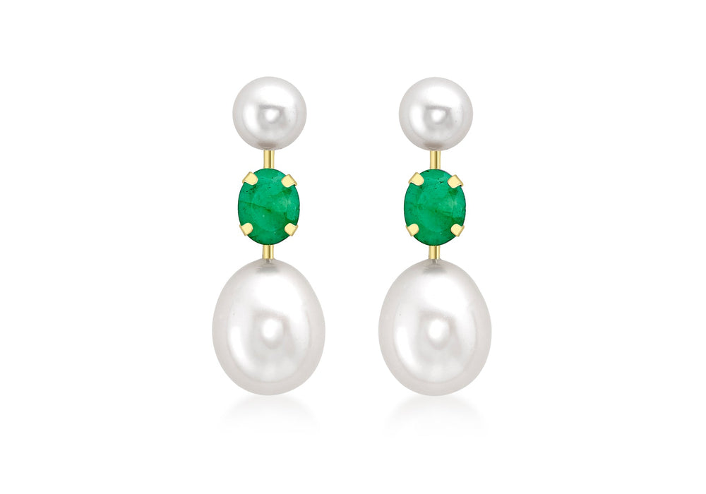 9ct Yellow Gold Emerald and Double Pearl Stem Drop Earrings