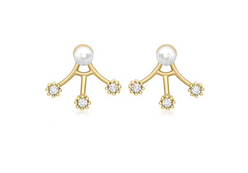 9ct Yellow Gold Zirconia  and Pearl Fan Jack Earrings