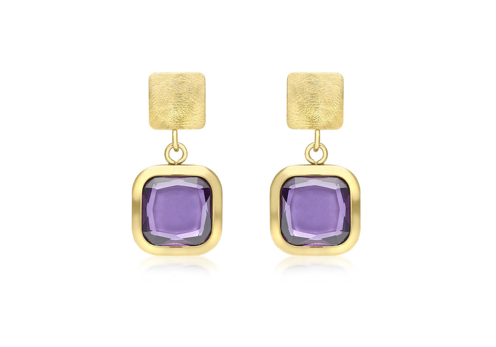 9ct Yellow Gold Square Purple Crystal Drop Earrings