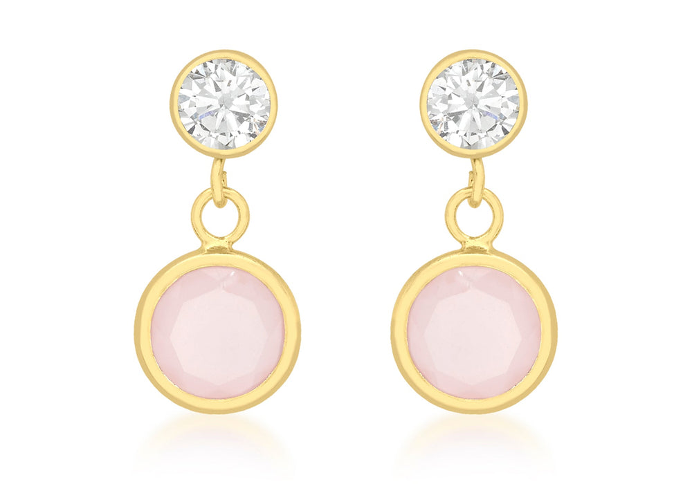 9ct Yellow Gold Zirconia  and Pink Crystal 7mm x 14mm Drop Earrings