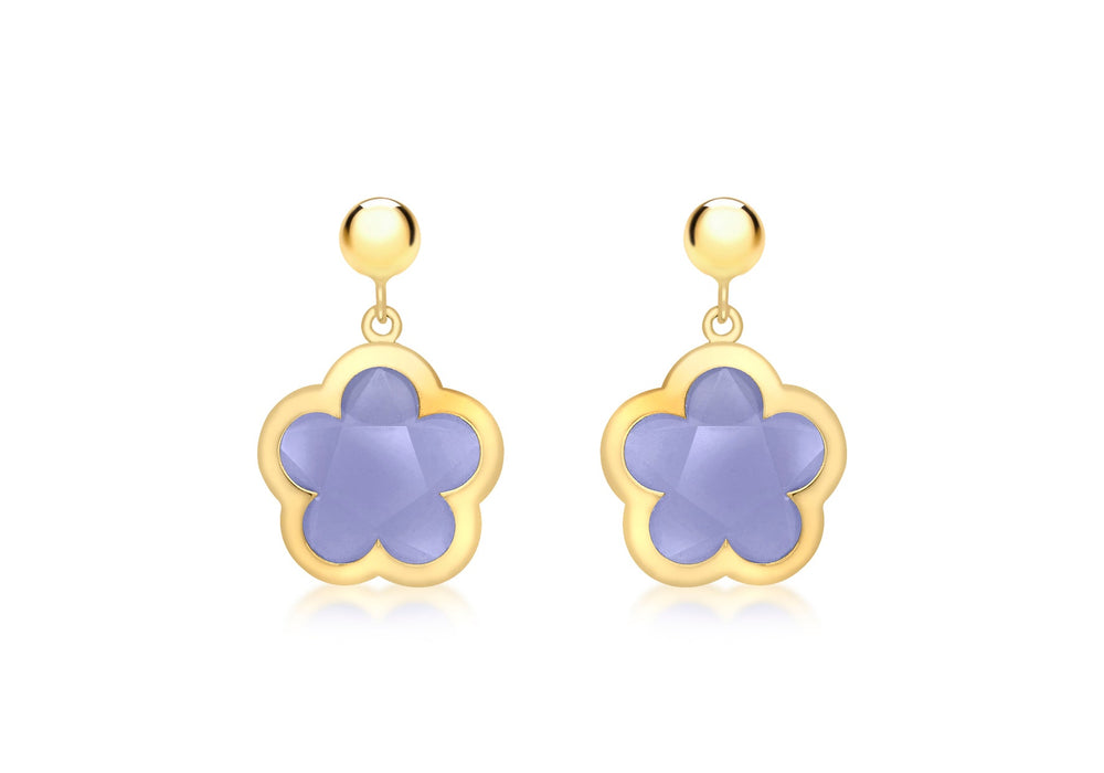 9ct Yellow Gold Blue Crystal Flower and Ball Drop Earrings