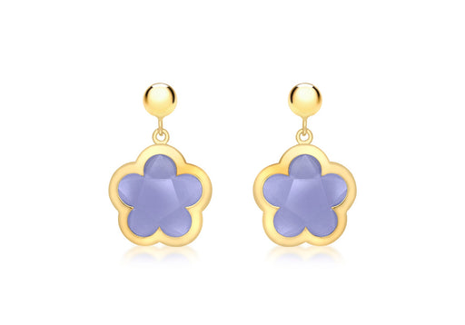 9ct Yellow Gold Blue Crystal Flower and Ball Drop Earrings