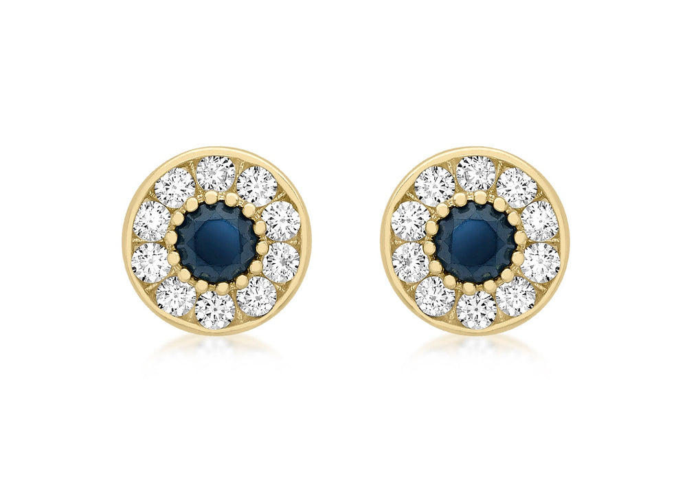 9ct Yellow Gold White and Blue Zirconia  9mm Stud Earrings