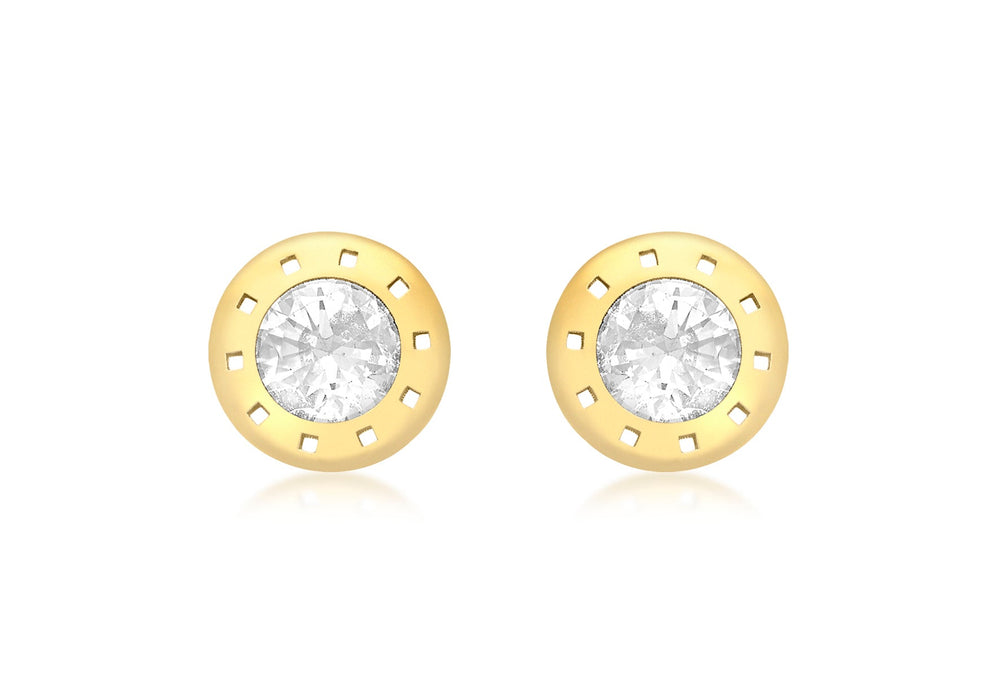 9ct Yellow Gold Zirconia  9mm Flat-Punh-Disc Stud Earrings