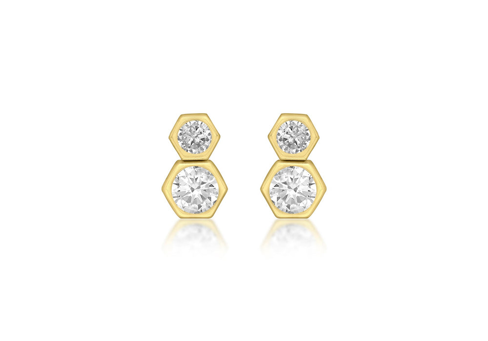 9ct Yellow Gold Zirconia  Double Hexagon Stud Earrings