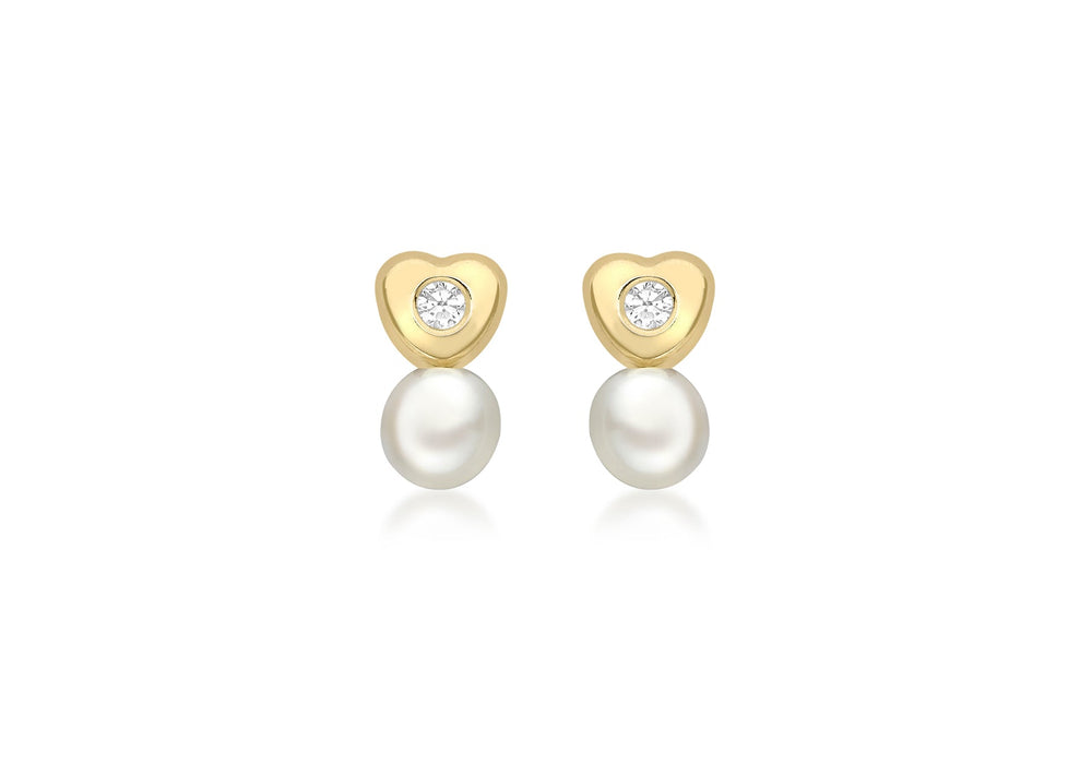 9ct Yellow Gold Zirconia  and Pearl Heart Stud Earrings