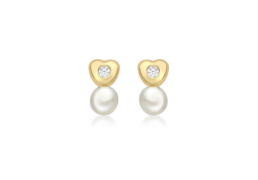 9ct Yellow Gold Zirconia  and Pearl Heart Stud Earrings