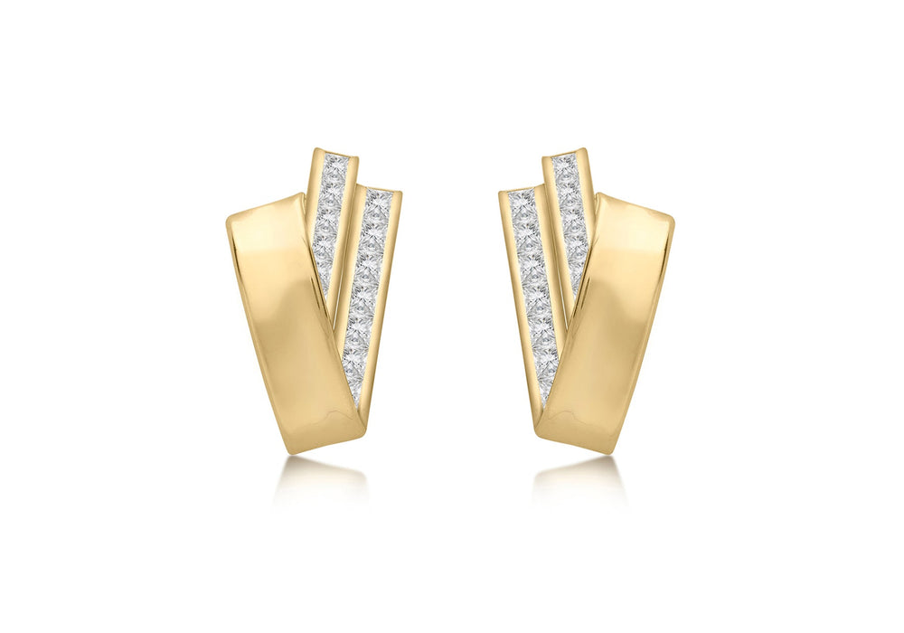 9ct Yellow Gold Zirconia  Triple Crossover Bars Stud Earrings