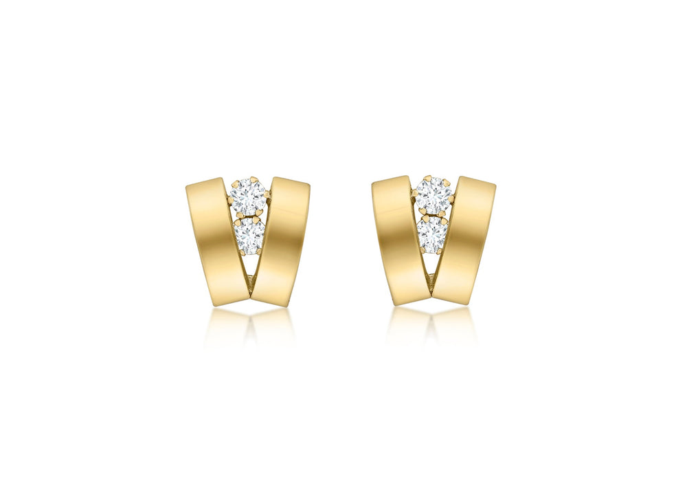 9ct Yellow Gold Zirconia  and Double Band 9.6mm x 10.6mm Stud Earrings