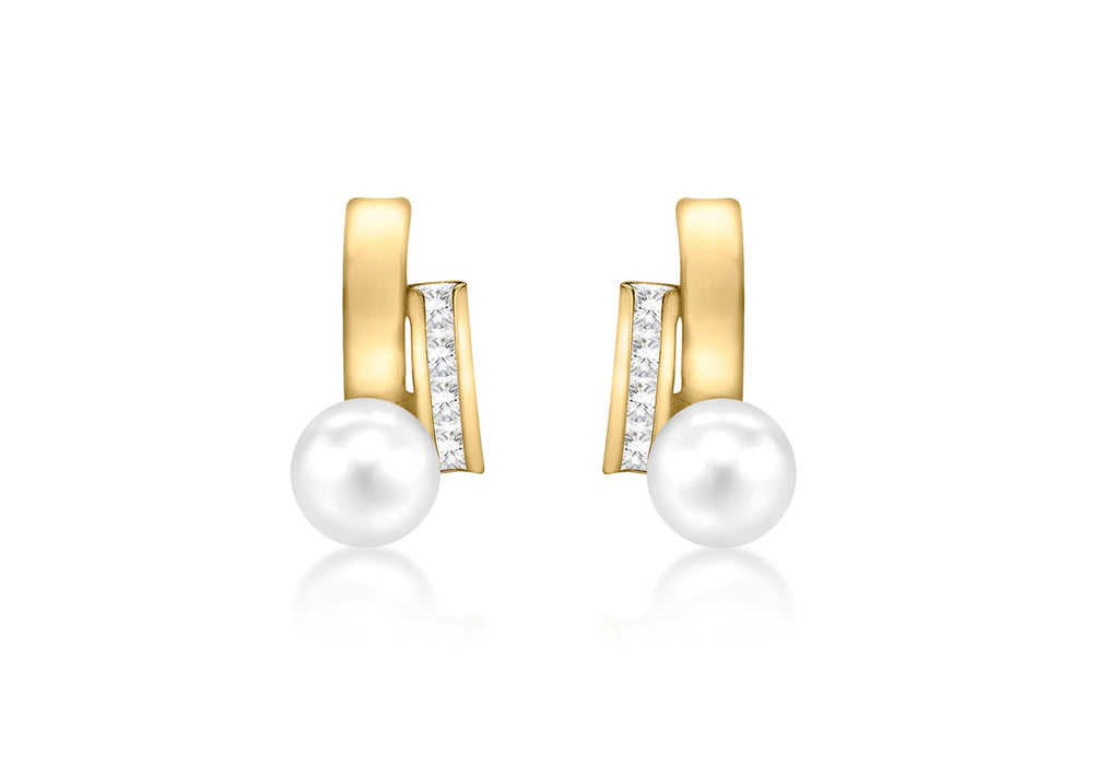 9ct Yellow Gold Zirconia  Band Fresh Water Pearl and Plain Band 3.9mm x 10.4mm Stud Earrings