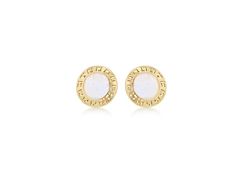 9ct Yellow Gold Mother of Pearl 9mm Greian Key Disc Stud Earrings