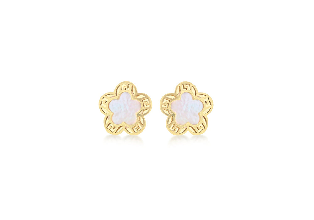 9ct Yellow Gold Mother of Pearl 8.8mm x 8.5mm Greian Key Flower Stud Earrings