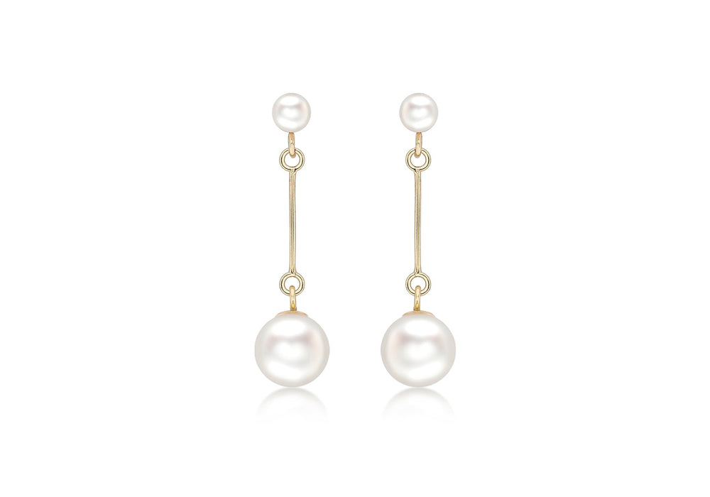 9ct Yellow Gold Pearl & Bar Drop Earrings