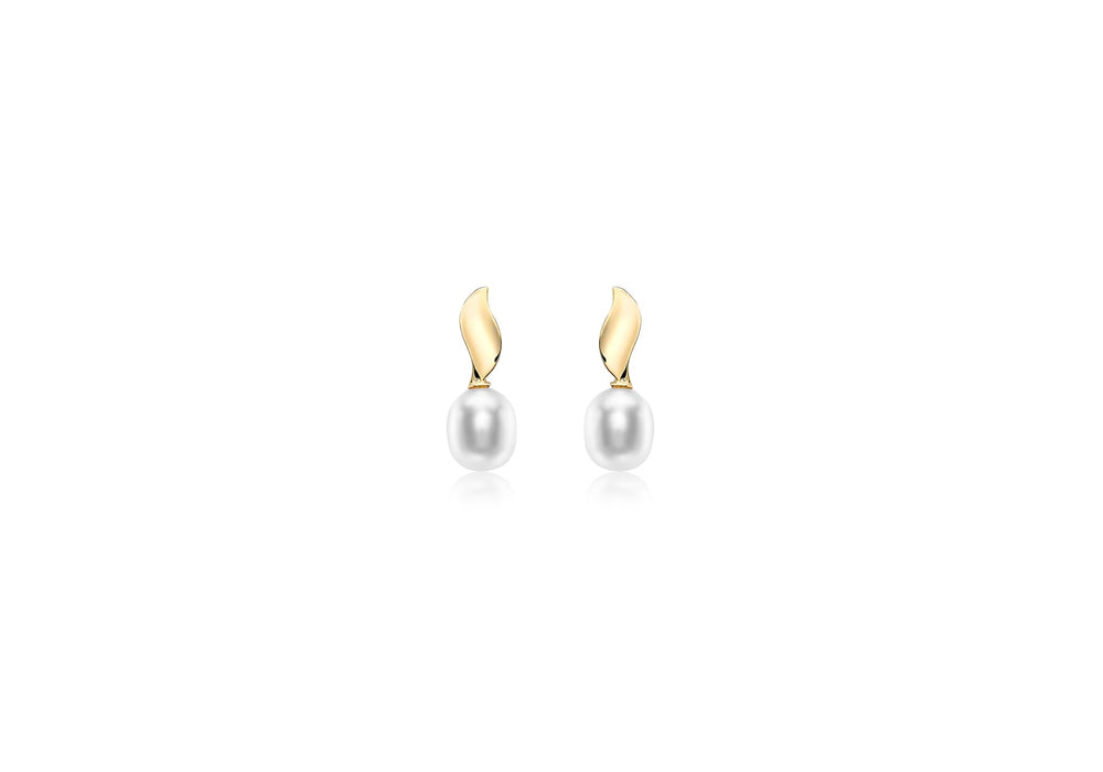 9ct Yellow Gold 6.5mm x 7.5mm Pearl and urved Ellipse Stud Earrings