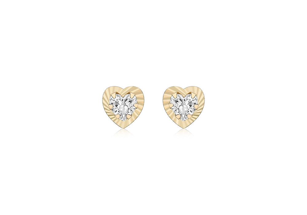 9ct Yellow Gold Zirconia  7.5mm x 7.6mm Diamond Cut Heart Stud Earrings