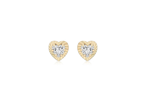 9ct Yellow Gold Zirconia  7.5mm x 7.6mm Diamond Cut Heart Stud Earrings