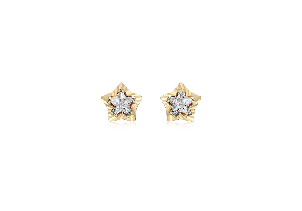 9ct Yellow Gold Zirconia  7.4mm x 7.1mm Diamond Cut Star Stud Earrings