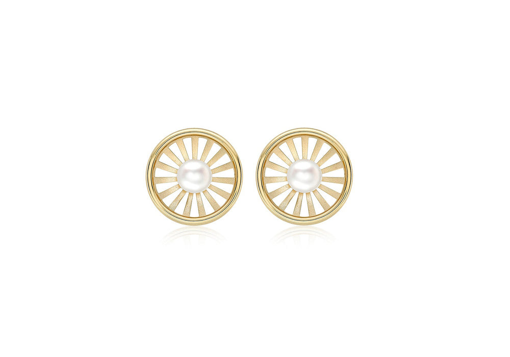 9ct Yellow Gold Pearl 12.5mm Polished and Satin Sunrays Stud Earrings