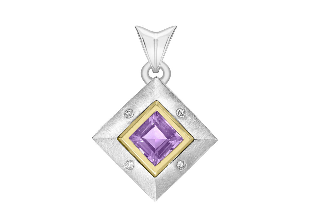 9ct 2-Colour Gold 0.10ct Diamond and Square Amethyst Pendant