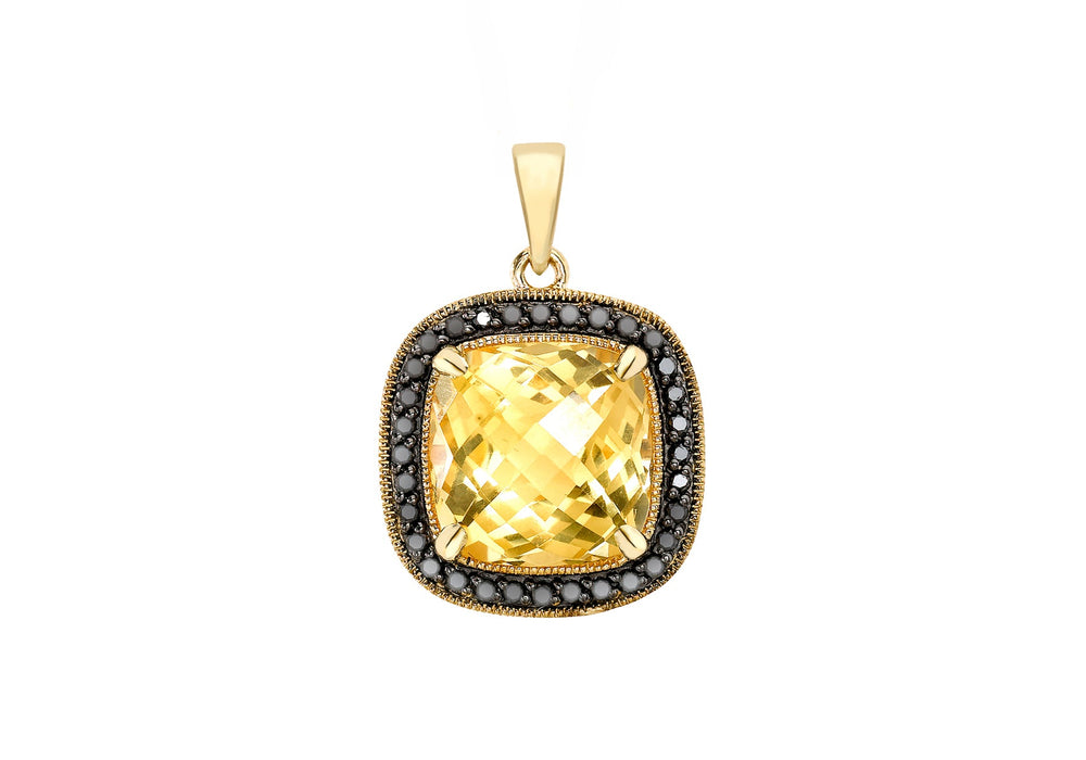 9ct Yellow Gold 0.14ct Black Diamond Cushion Cut Citrine Pendant