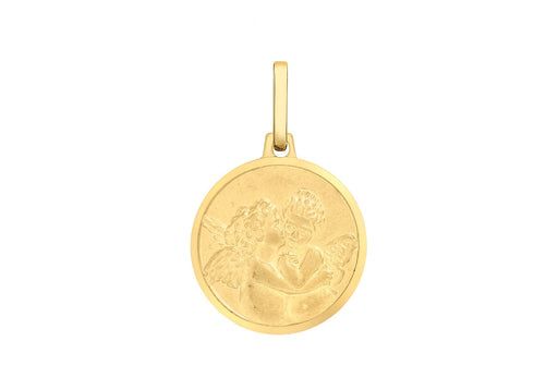 9ct Yellow Gold 15mm Kissing Angels Round Medal Satin Pendant
