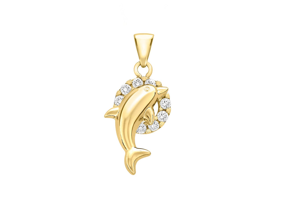 9ct Yellow Gold Dolphin & Hoop Zirconia  Pendant