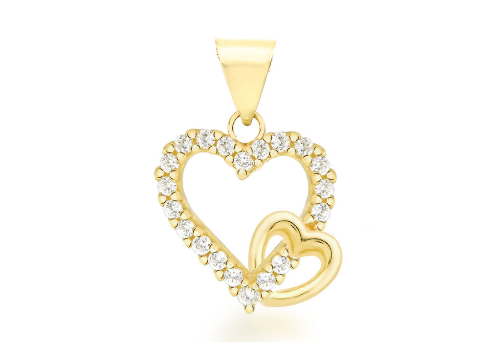 9ct Yellow Gold Double Zirconia  14mm x 23mm Heart Pendant