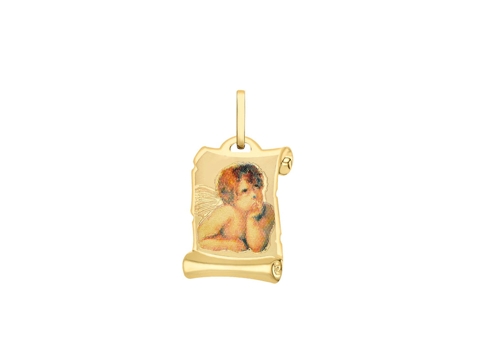 9ct Yellow Gold Cherub Scroll Satin Pendant