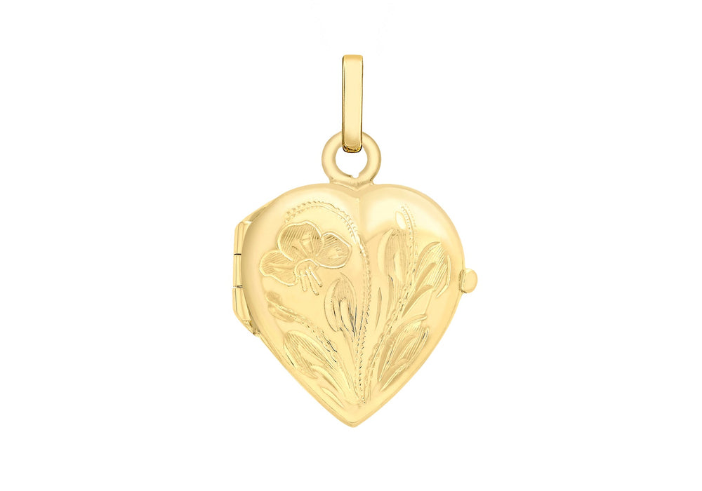 9ct Yellow Gold 16mm x 25mm Engraved Floral Heart Locket