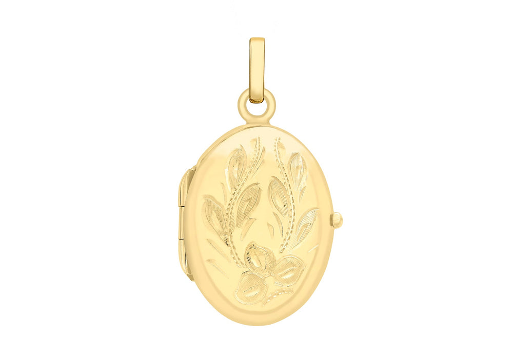 9ct Yellow Gold 17mm x 28mm Engraved Flower Oval Locket