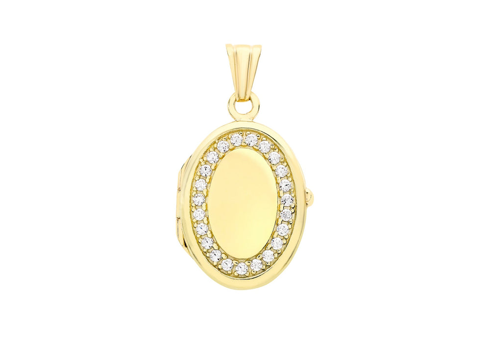 9ct Yellow Gold Zirconia  16mm x 24mm Oval Locket Pendant