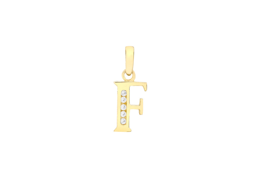 9ct Yellow Gold Zirconia  6mm x 12mm 'F' Initial Pendant