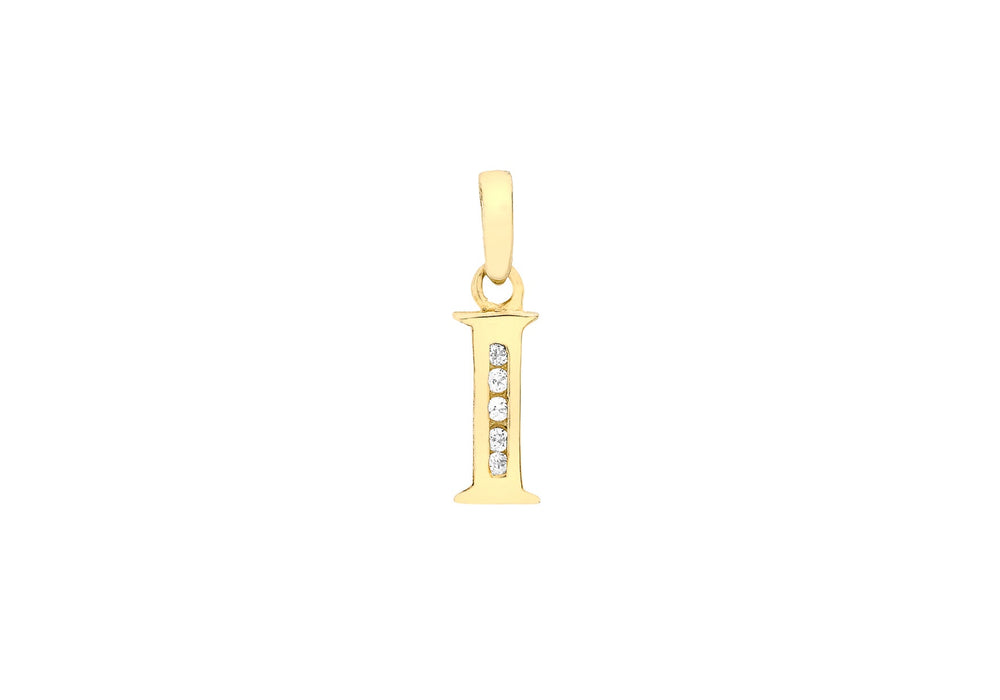 9ct Yellow Gold Zirconia  4mm x 12mm 'I' Initial Pendant