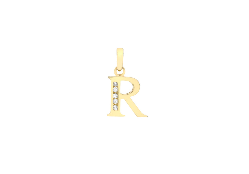 9ct Yellow Gold Zirconia  10mm x 12mm 'R' Initial Pendant