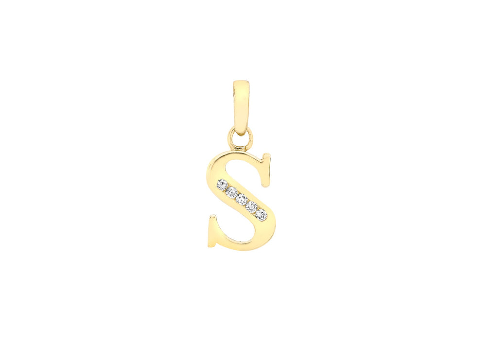 9ct Yellow Gold Zirconia  7mm x 13mm 'S' Initial Pendant