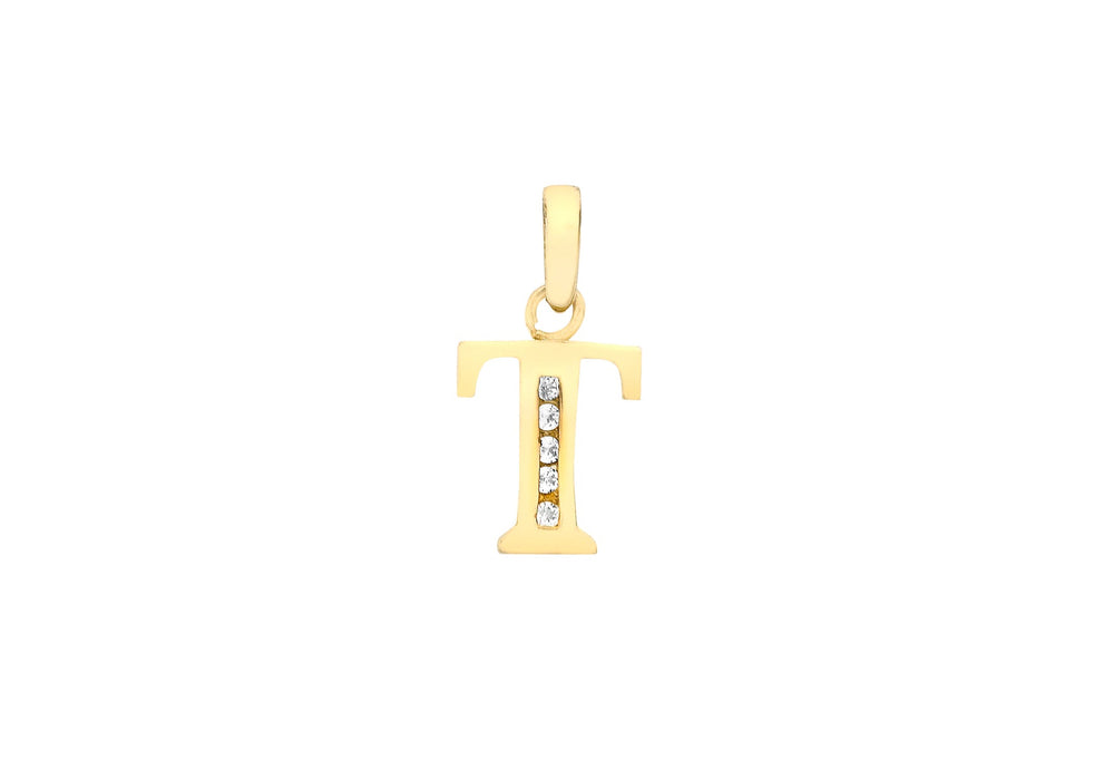 9ct Yellow Gold Zirconia  8mm x 12mm 'T' Initial Pendant