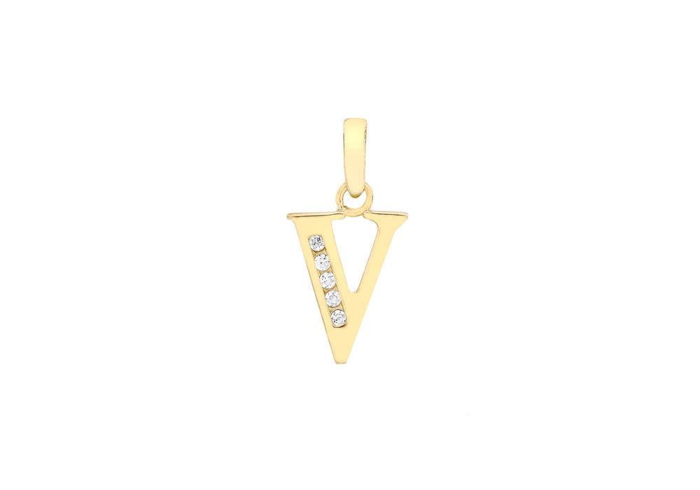 9ct Yellow Gold Zirconia  9mm x 13mm 'V' Initial Pendant