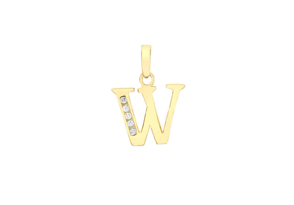 9ct Yellow Gold Zirconia  12mm x 13mm 'W' Initial Pendant