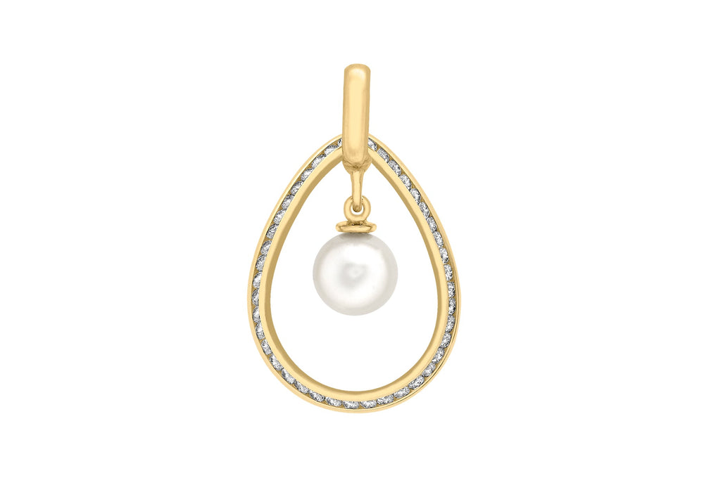 9ct Yellow Gold Pearl and Zirconia  Teardrop Pendant