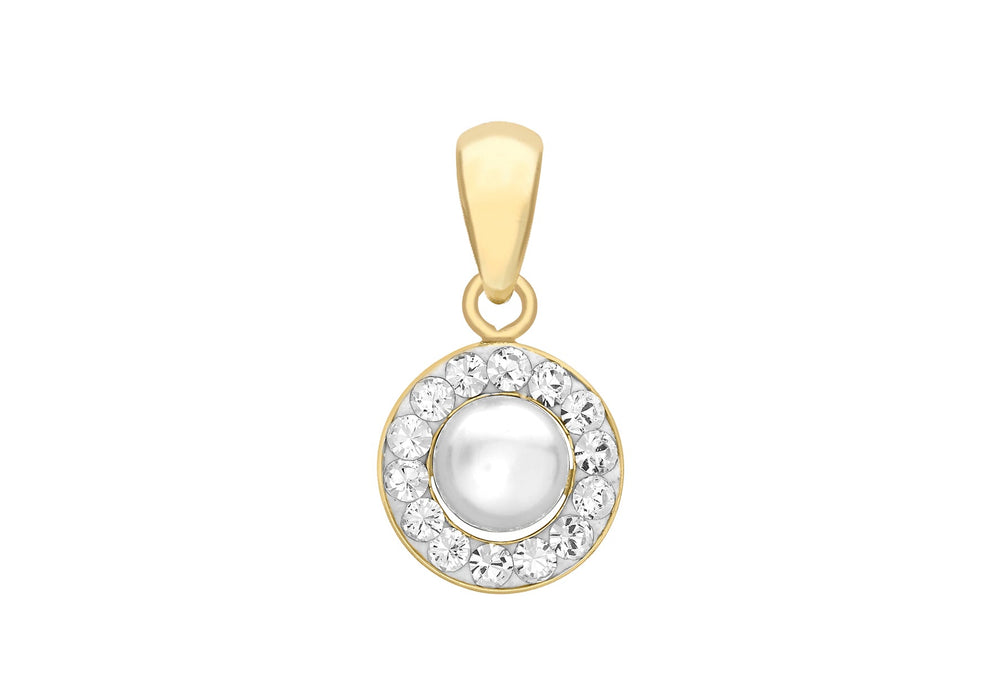 9ct Yellow Gold 9mm x 15mm Fresh Water Pearl and Crystal Round Pendant