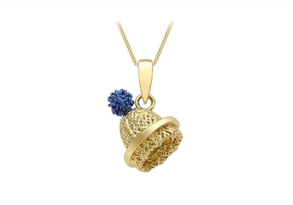 9ct Yellow Gold Blue Bobble Beanie Hat Pendant