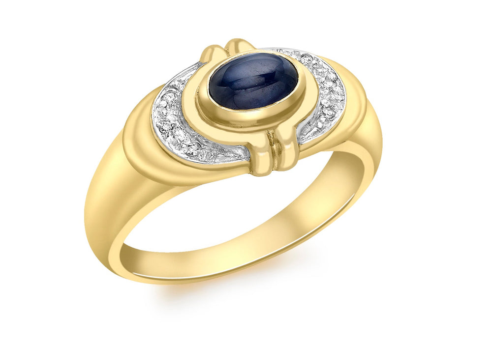 9ct Yellow Gold 0.02ct Diamond and Cabochon Sapphire Ring