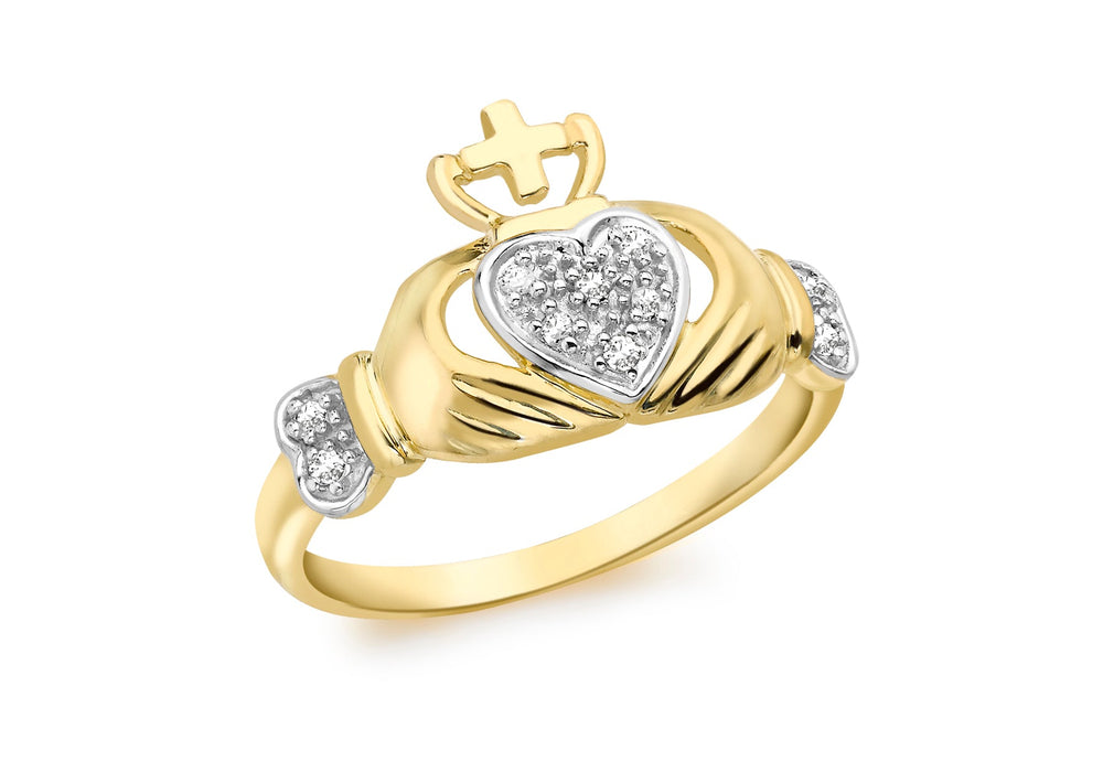 9ct Yellow Gold 0.05ct Diamond Claddagh Ring