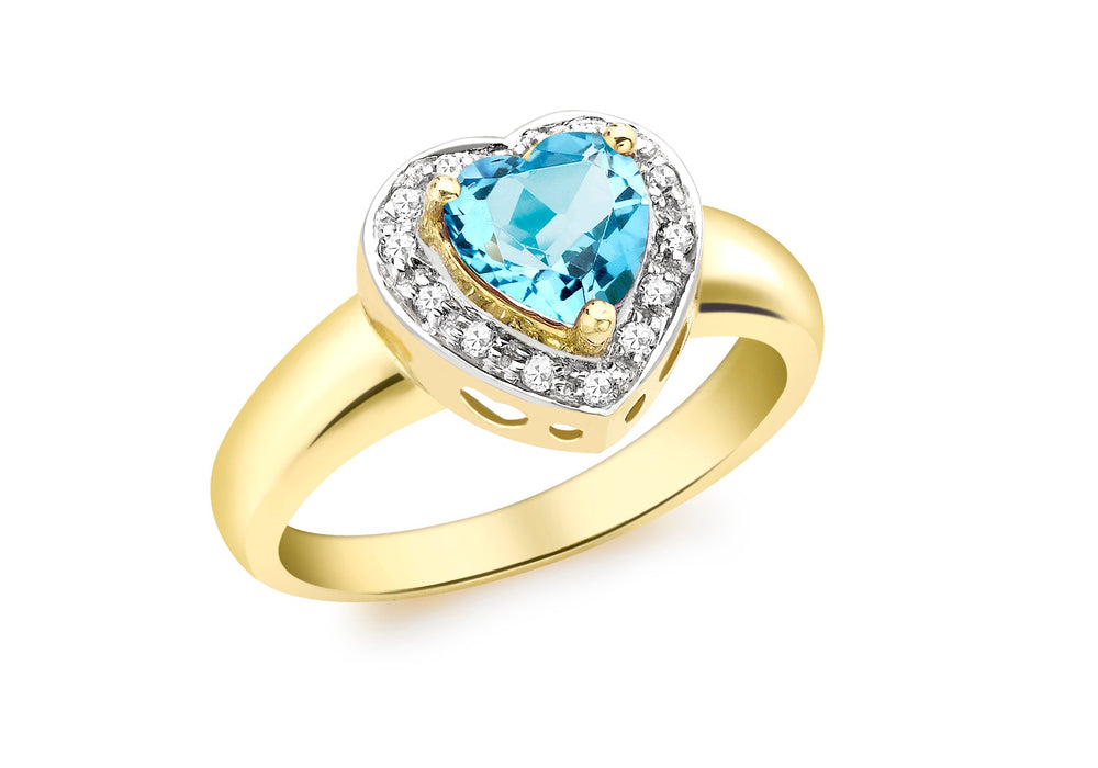 9ct Yellow Gold 0.10ct Diamond and Blue Topaz Heart Ring