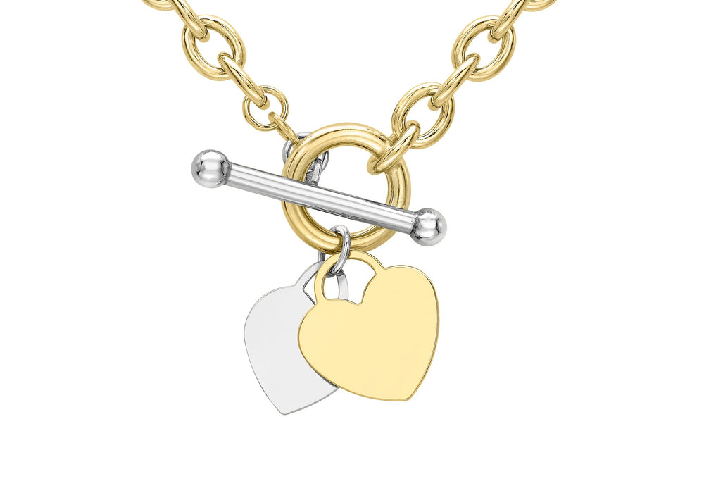 9ct 2-Colour Gold Heart Charm T-Bar Oval Belcher  Chain Necklace  41m/16"9