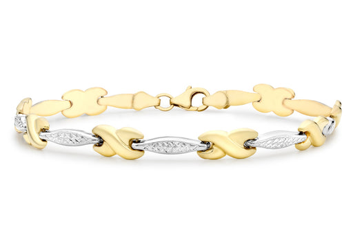 9ct 2-Colour Gold Diamond Cut Bar and Kiss Link Bracelet