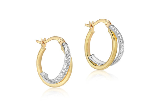 9ct 2-Colour Gold Crossover Diamond Cut and Plain 16mm Creole Earrings