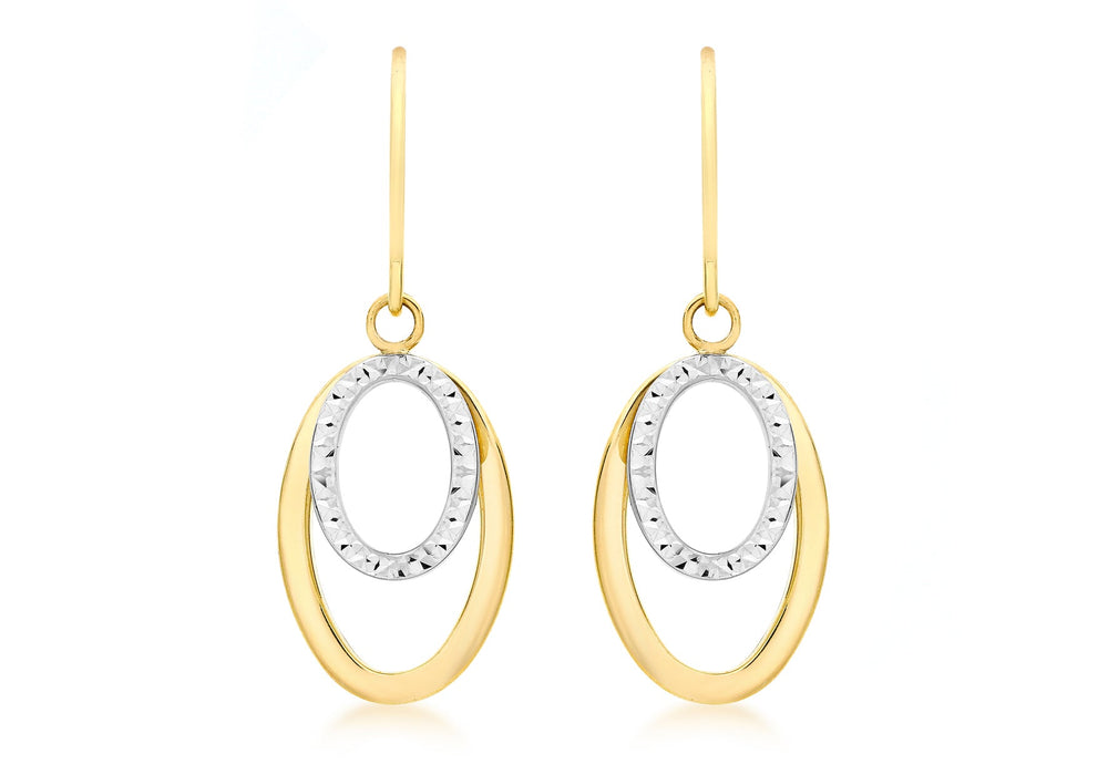 9ct 2-Colour Gold Diamond Cut Double Oval Drop Earrings