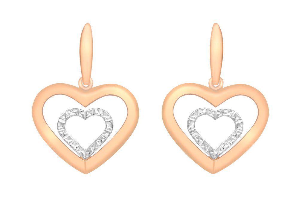 9ct 2-Colour Gold Diamond Cut Double-Heart Drop Earrings