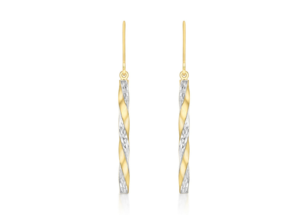 9ct 2-Colour Gold 2.85mm x 48mm Twist Diamond Cut Pole Drop Earrings